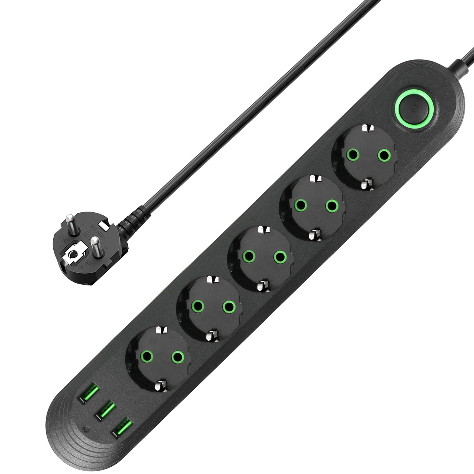 热卖黑色欧洲标准扩展插座5孔3USB与开关欧盟电源板