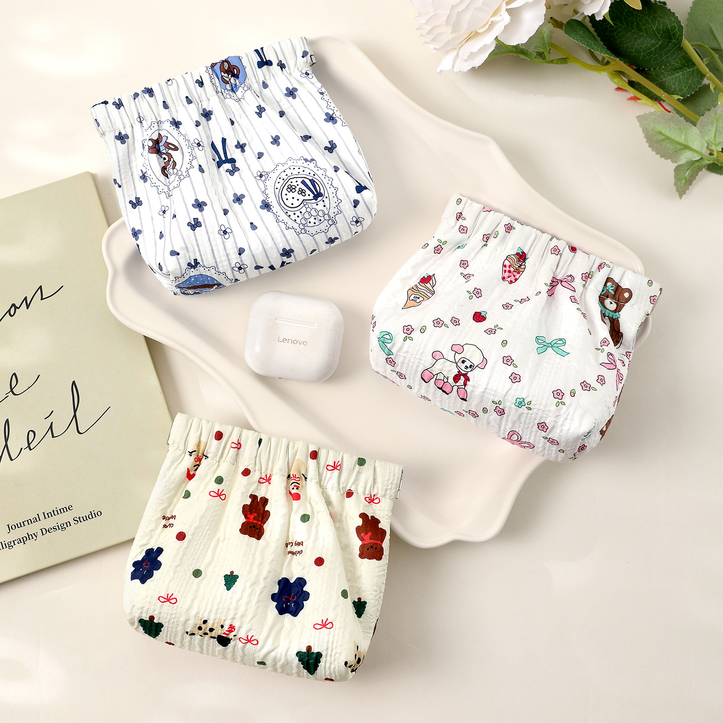 Portátil nuevo lindo cartón de dibujos animados algodón bolsa de cierre automático pliegue bolsa de almacenamiento miscelánea lápiz labial bolsa de maquillaje flores