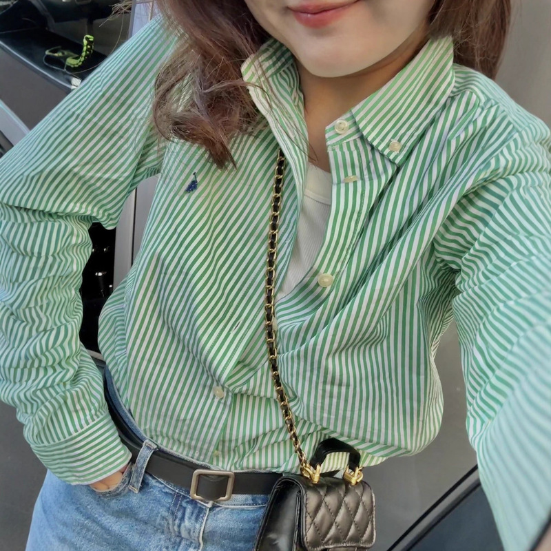 High-Quality Ralph Rl Shirt with War Horse Small Logo Embroidery, Vintage Striped Shirt, Loose Casual Versatile Long-Sleeve Lazy Style High-Quality Ralph Rl Shirt with War Horse Small Logo Embroidery, Vintage Striped Shirt, Loose Casual Versatile Long-Sleeve Lazy Style