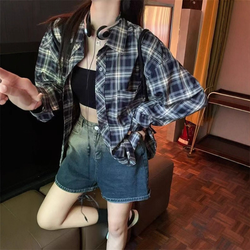 复古格子衬衫女春秋2025年新款衬衣设计感薄款防晒外搭上衣外套女|undefined