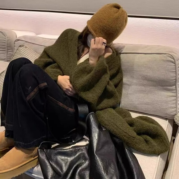 韩系慵懒风长款毛衣外套女装秋冬新款宽松高级感加厚针织开衫大衣|undefined