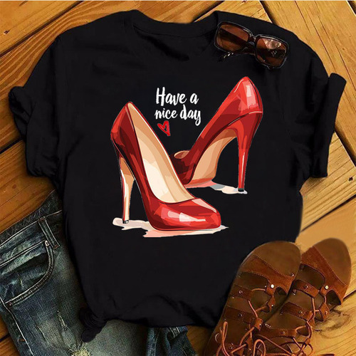Summer Large Size Casual Round Neck Short Sleeve High Heel Pattern Print Short Sleeve T-Shirt for Women