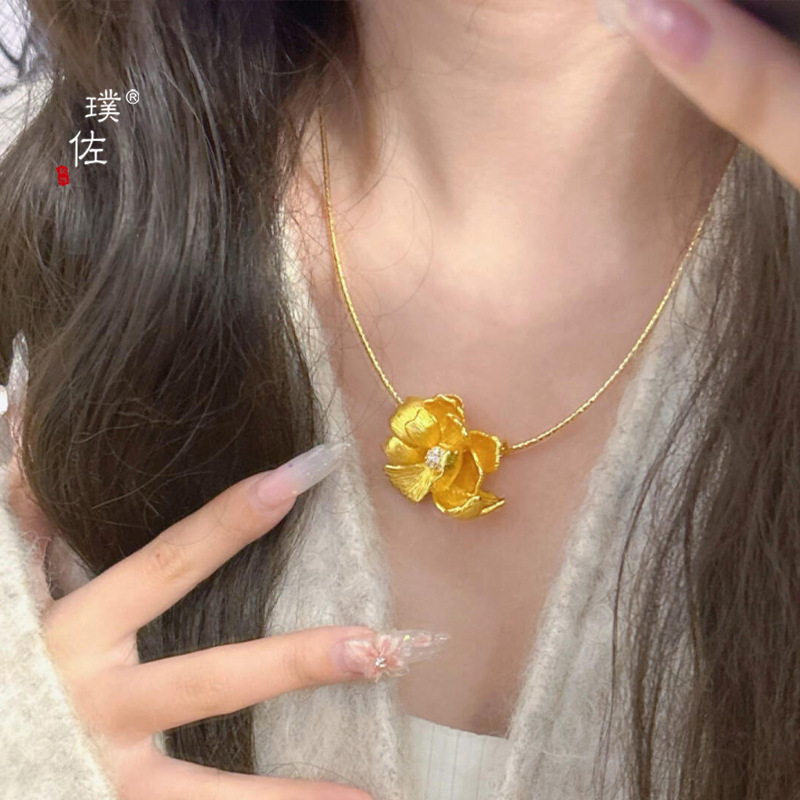 璞佐金店同款沙金拉絲鑲鑽牡丹花芍藥花吊墜項鍊新中式項圈鎖骨鏈