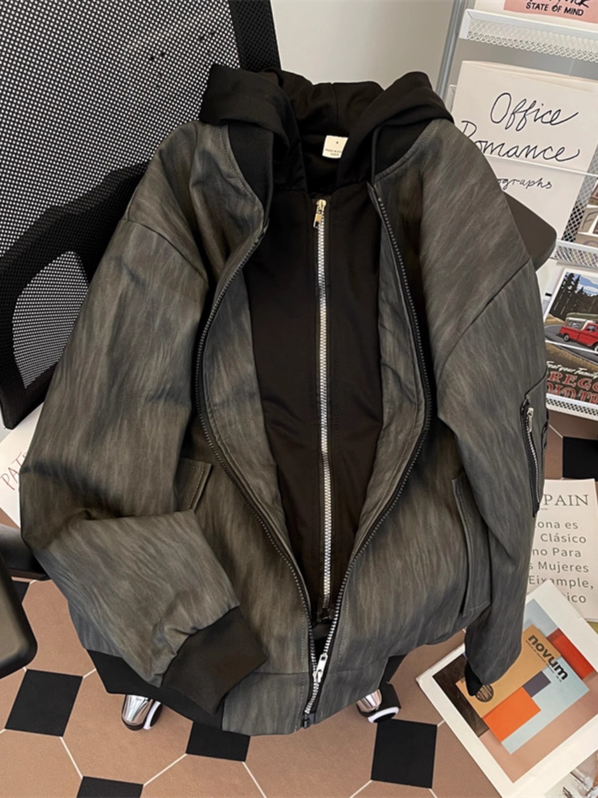 Chaqueta de cuero de dos piezas con capucha y cremallera con textura gris negro de alta calidad para hombre, chaqueta suelta de todo fósforo de la calle, chaqueta de cuero pu