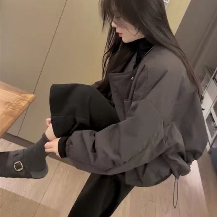 Autumn and Winter New Trendy Thin Cotton Jacket Short Coat for Women European Style Shell Round Neck Snap Loose Cotton Clothing