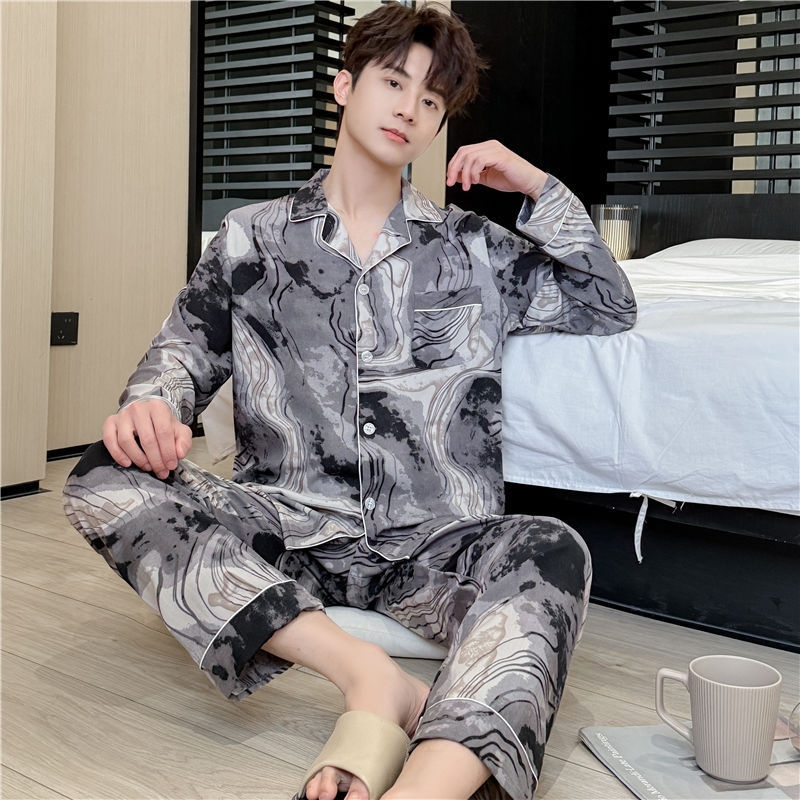 新款睡衣男棉绸春秋款长袖大码感套装夏季薄款翻领印花大码家居服