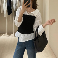 槿一 女主光环~韩系大翻领白色衬衫拼接假两件修身显瘦上衣女2025