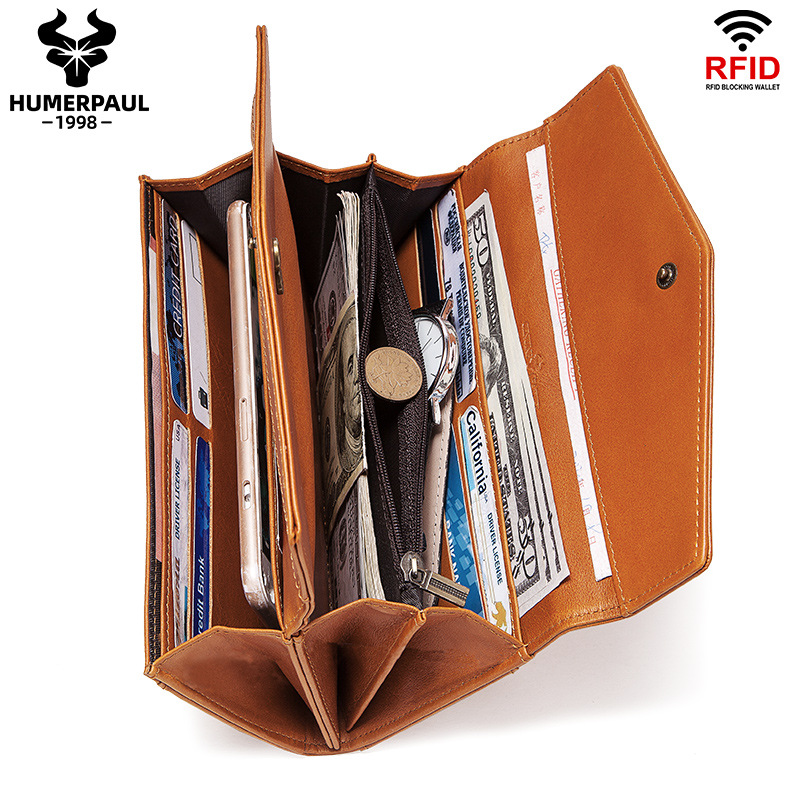 定制RFID欧美复古长款多卡位真皮钱包 女士手拿包 手机包外贸钱夹