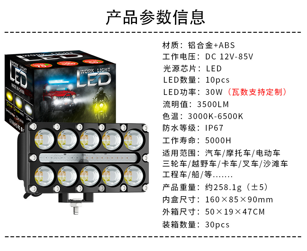 Cross-Border Hot-Selling Car Led Work Lights, Modified Off-Road Motorcycle Spotlights, Warning Lights, Electric Vehicle Headlights