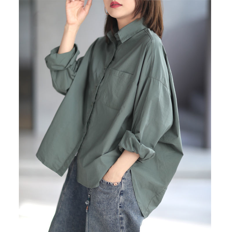 Cotton Loose Casual Lazy Style Three-Dimensional Cut Solid Color Casual Women's Shirt Long Sleeve 2026 Spring Top