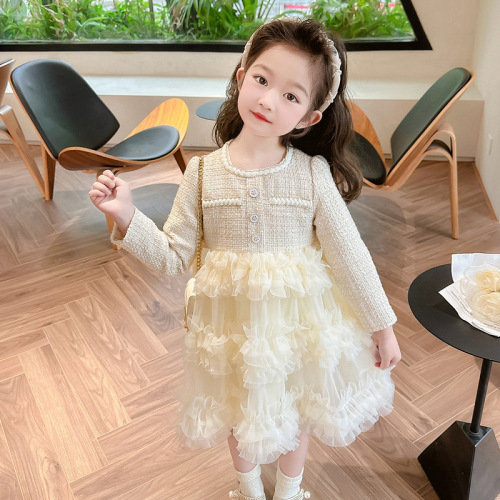  Spring/Autumn New Arrival Girls' Dress: Chic, Solid-Color Tiered Cake Skirt—Perfect for Formal Events, Featuring Elegant Sheer Fabric and a Princess-Like Design