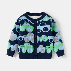 2024 New Children's Apparel for Boys - Kartoon Truck Knit Cardigan for Kids - Double-layer Cotton Thread Crew Neck Turtleneck Sweater Jacket