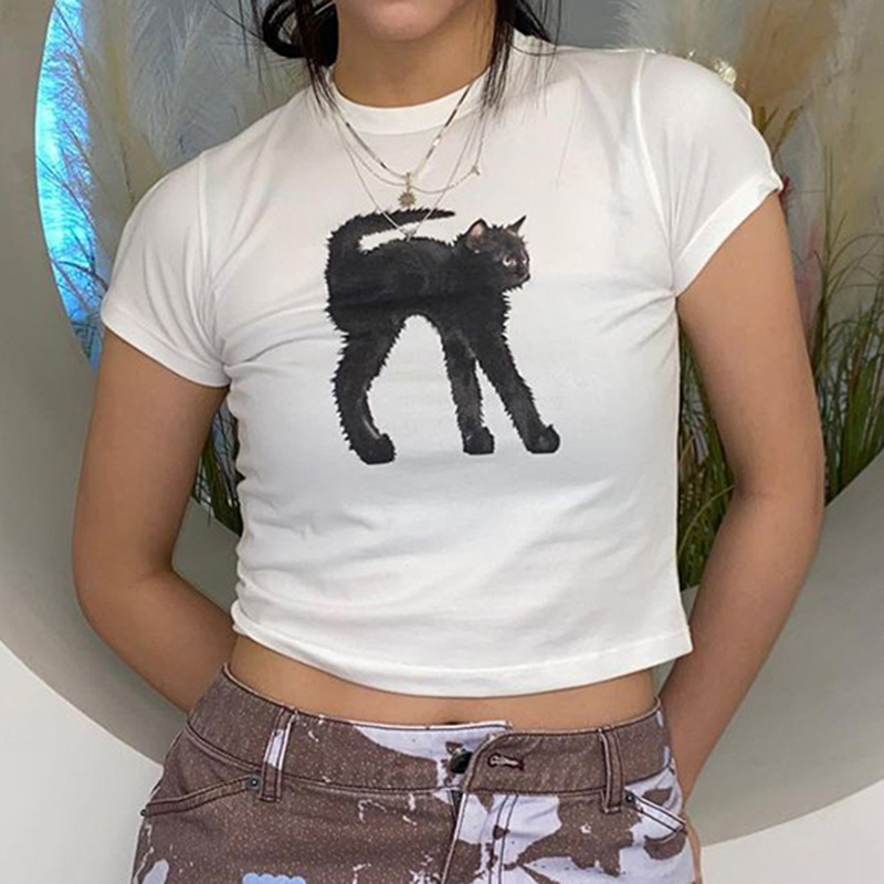 Cat Printed Short-sleeved Shirt Women's 2023 European and American New Crewneck Casual Commuting Slimming Street Spice Girl Top