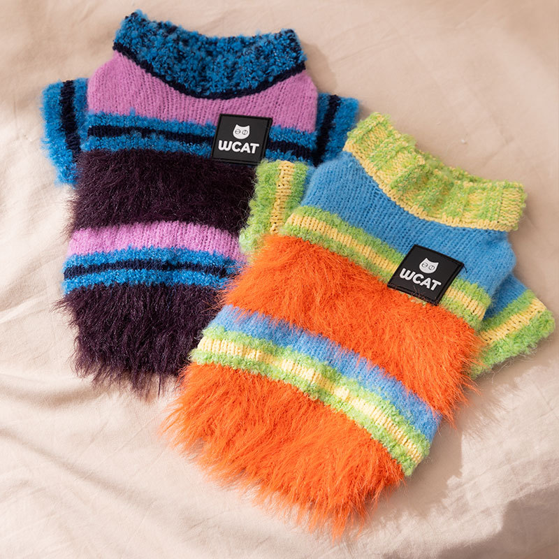 猫咪衣服秋冬多色编织条纹毛衣两脚保暖中小型犬泰迪比熊宠物衣服