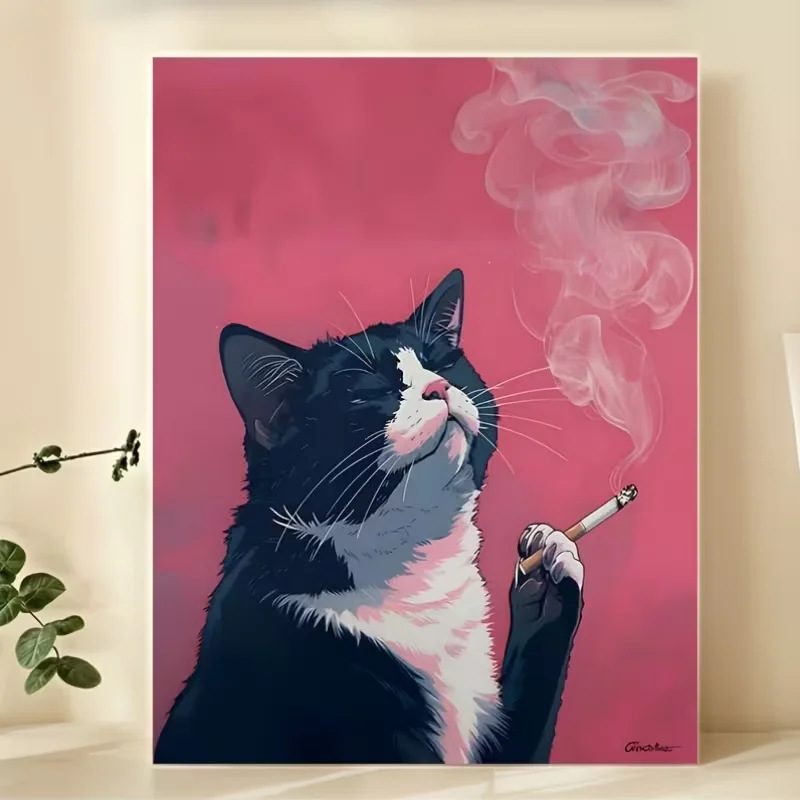 Smoking Cat Canvas Print Poster-Black Cat Theme Wall Art Decoration