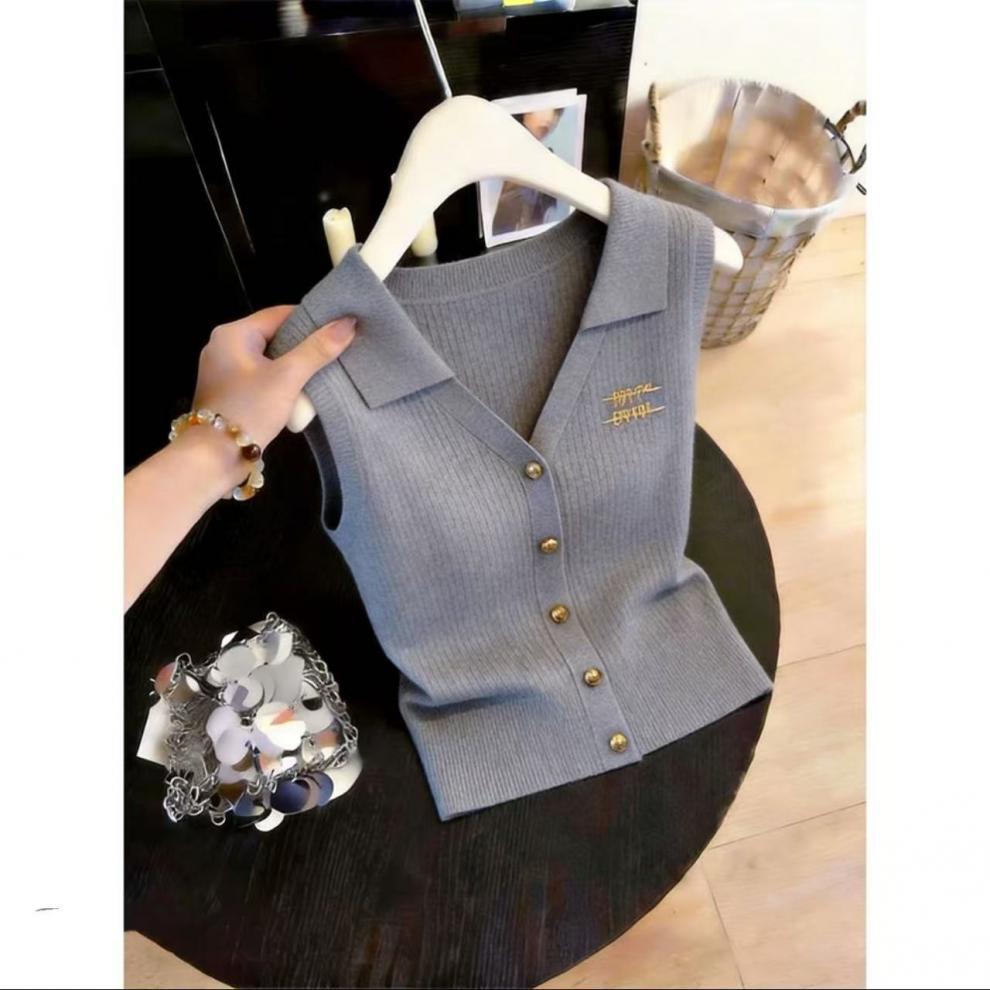 Summer New Style Women's Collared Sleeveless Knitted Vest Slim Fit Short Top_ecoleips.com