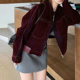 酒红色复古绒面牛仔外套女春秋2026新款时髦炸街高级感短款夹克潮
