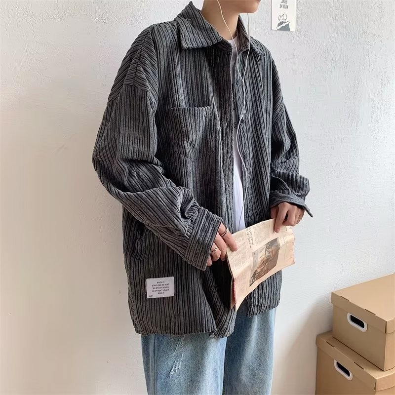 日系复古灯芯绒长袖衬衫韩版宽松ins衬衣春秋潮流百搭学生外套男