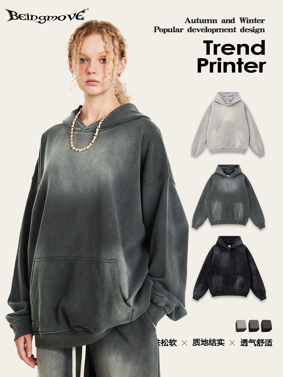 2025 otoño negro de moda americana hacer vieja chaqueta encapuchada suelta de moda para hombres y mujeres lavados con agua chaqueta con capuchona