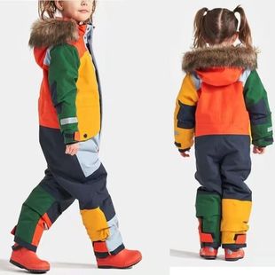 Children's Ski Suit Outdoor Single and Double Luminous Ski Suit Windproof and Waterproof Warm Cotton-padded Jacket for Boys and Girls One-body suit
