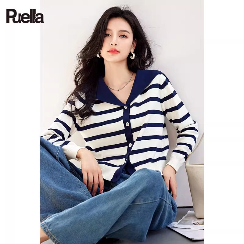 Navy Collar Blue Stripesd Knitted Cardigan for Women Spring & Fall 2025 New Contrast Color V-Neck Thin Long-Sleeved Jacket Top