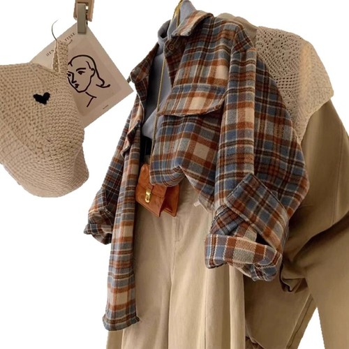 Large women's American retro color-blocking brushed checkered shirt, women's layering cardigan, spring and autumn top