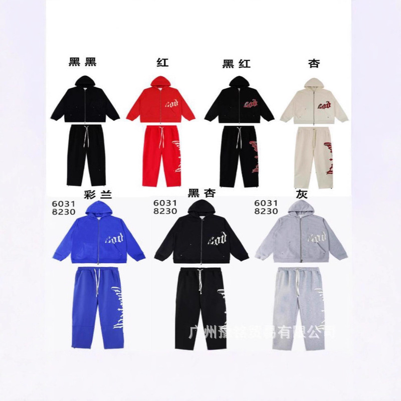 Cross-Border European and American Trendy Brand Skull Rock Band Printed Men's and Women's Casual Loose Hooded Sweatshirt and Sweatpants Suit