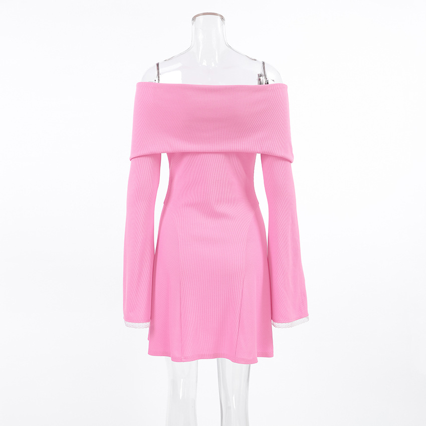 Autumn Winter Gentle Pink off Shoulder Sexy Flare Sleeve Knitted Lace Slim Fit Dress French Short for Women
