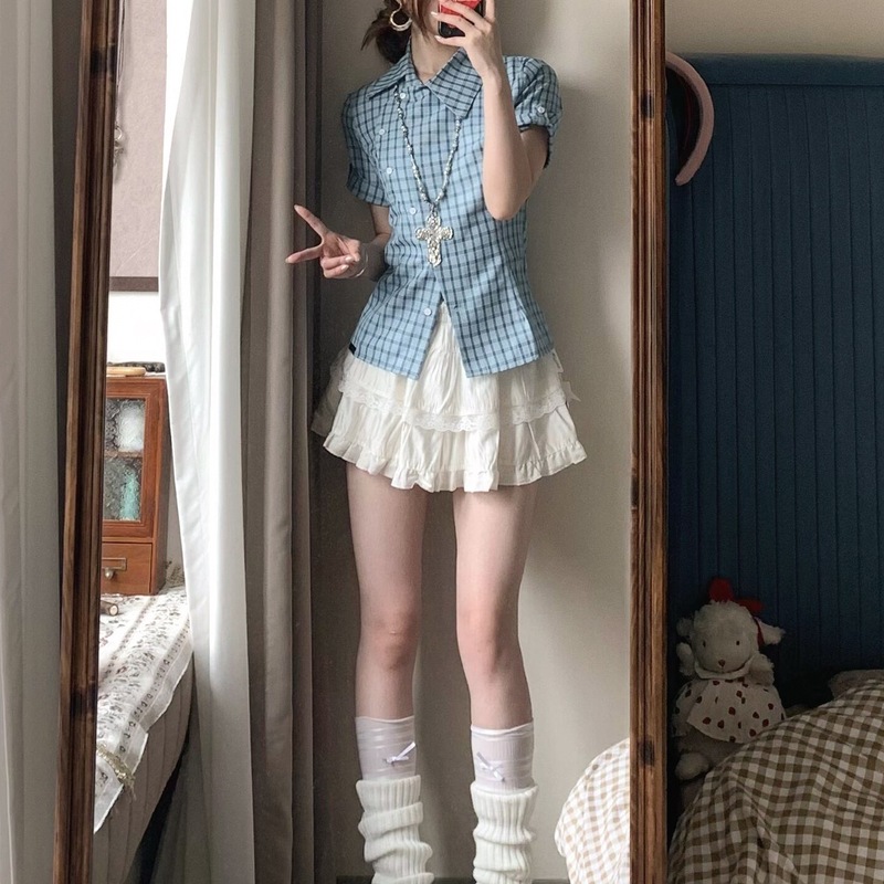 美式复古辣妹风蓝色格子短袖衬衫女夏季2025新款修身显瘦衬衣上衣|undefined