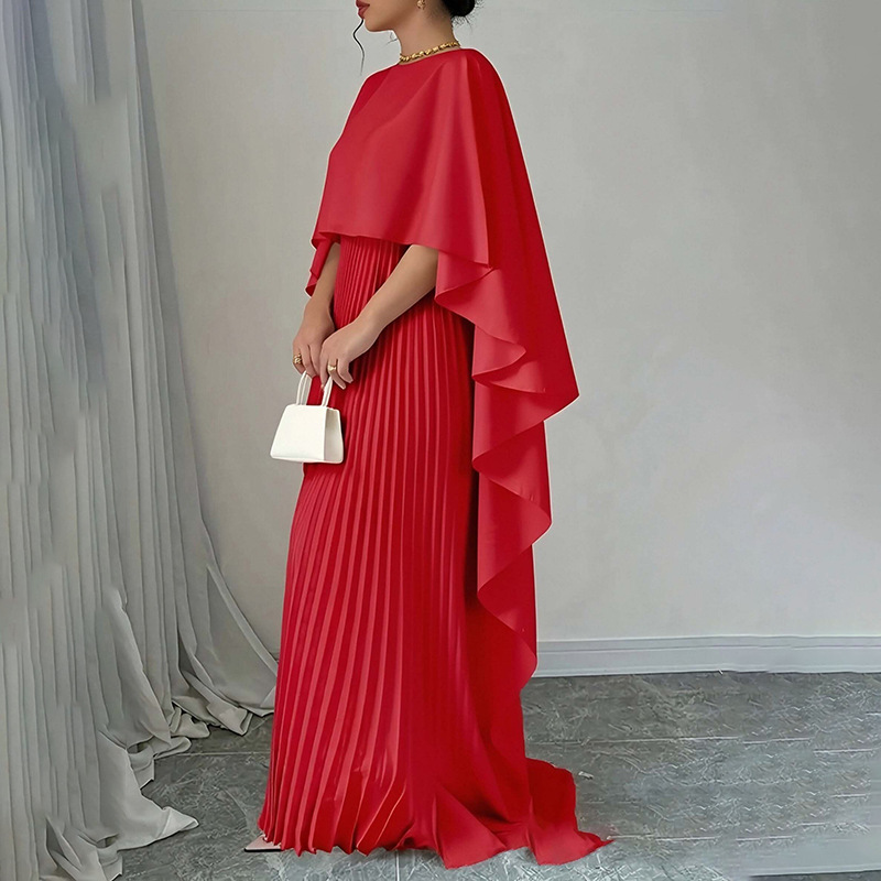Spring 2026 New Women's Clothing, Cape Elegant Solid Color Round Neck Pleated Slim Fit Fashion Suit_ecoleips.com