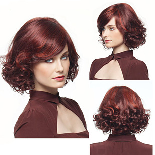 European and American Style Burgundy Women's Fashion Wig Short Curly Upturned Small Curls Synthetic Fiber Export Wig Factory Direct Sale