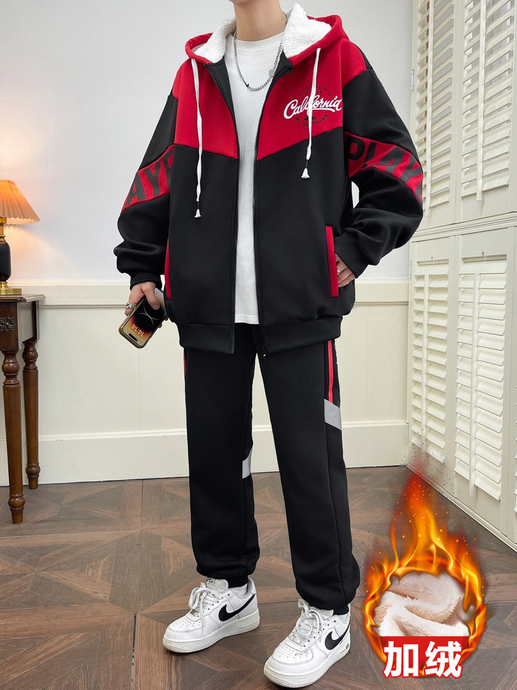 Conjunto de sudadera gruesa con forro polar para hombre, conjunto de dos piezas deportivo informal, cómodo y cálido, con patchwork de moda para otoño e invierno, para adolescentes.
