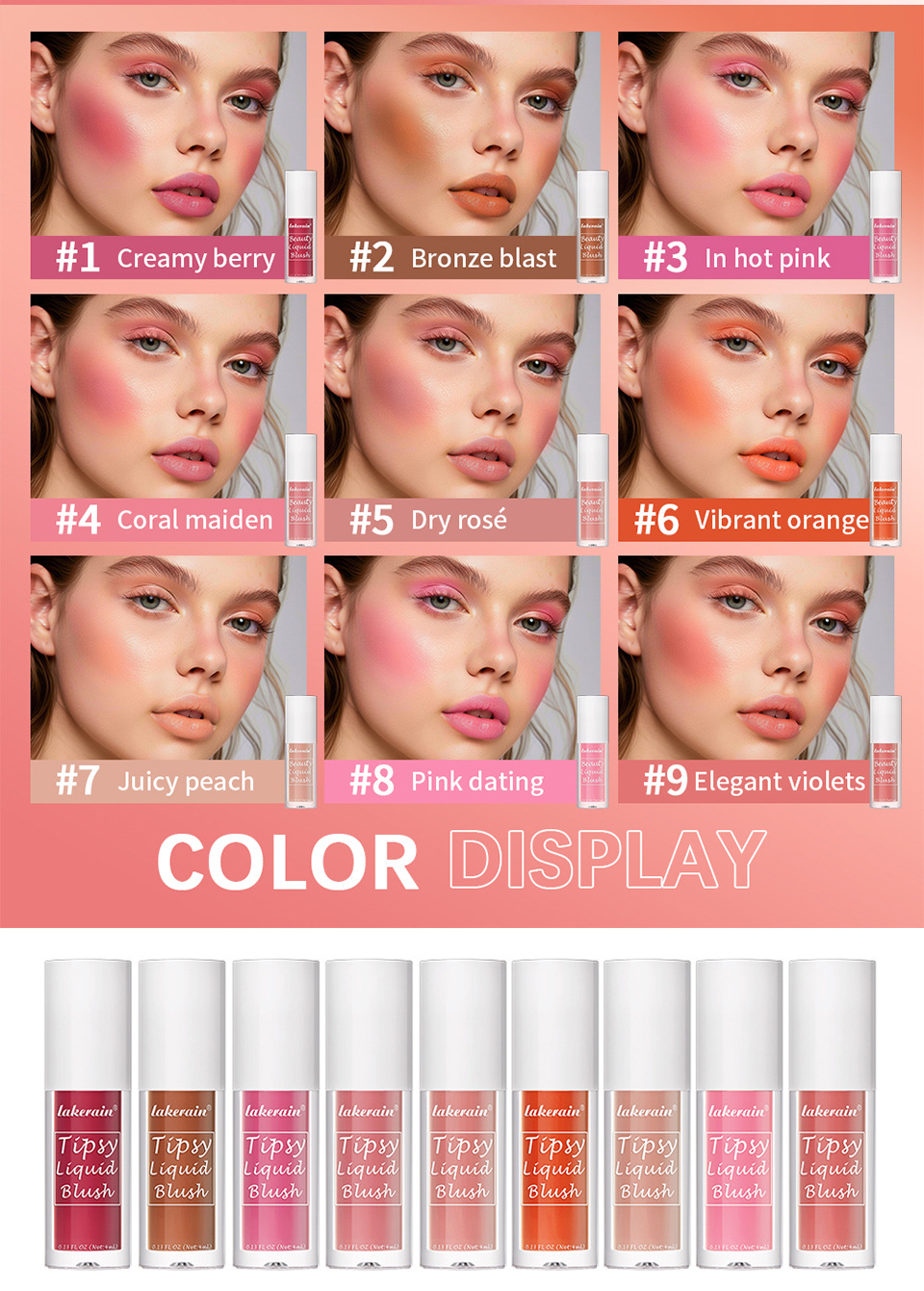 Lakerain Nine-color Liquid Blush is a natural, dazzling, long-lasting matte, smooth and delicate contour blush Specification drawing