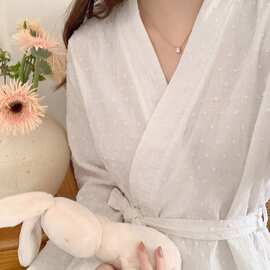 纯白色双层纱提花小波点睡袍女V领和服系带长款宽松慵懒家居浴袍