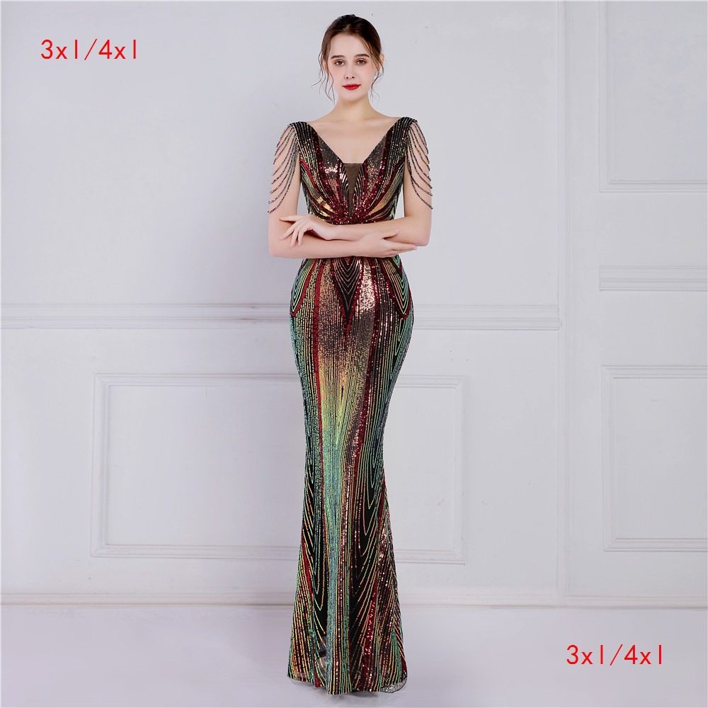 18906-S#3XL4XL Long Sequin Plus Size Fat Size Fat Beauty Performance Dress Banquet Evening Dress