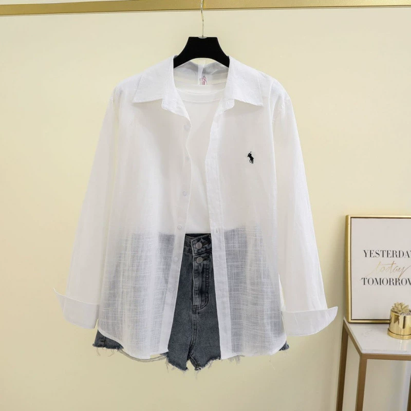 Розовый топ с вышитым логотипом YS8 Pony, весна-лето 2025, новый льняной белый длинный рукав, повседневный свободный крой, нишевый дизайн, защита от солнца