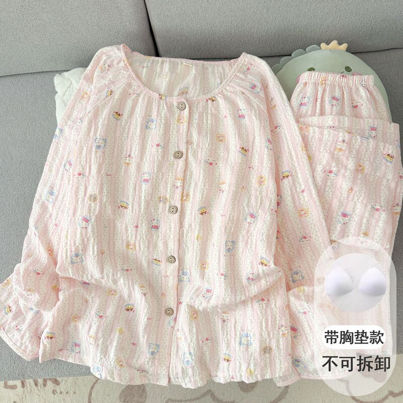 Cute cat and cloud design, padded chest, cotton gauze pajamas for women, 2026 new collection, long-sleeved loungewear for spring, summer, and winter Cute cat and cloud design, padded chest, cotton gauze pajamas for women, 2026 new collection, long-sleeved loungewear for spring, summer, and winter