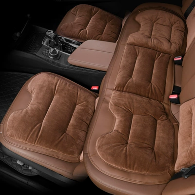 Seat cushion, seat cover: fleece-lined integrated interior universal five-seat - flannel-three-piece-set-chestnut-brown-customizable-car-logos-can-be-placed-please-leave-a-message-for-the-car-model-when-placing-an-order