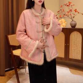 新中式复古风拼接毛边棉服2025冬季新款复古休闲外套双面穿上衣