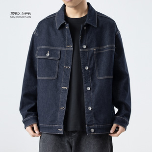 Cotton AD 2024 Autumn New Denim Jacket Men's Loose Trendy Workwear Casual Jacket fleece-lined Thickened Top