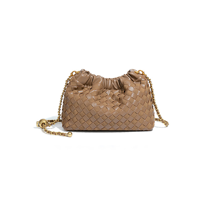 New Woven Cloud Bag With Gold Chain, Handmade Horizontal Shoulder & Crossbody Bag, Gold Ball Small Square Drawstring Pleated Bag - Thumbnail 5