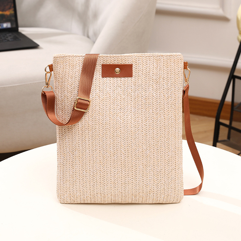 Bolsa de mujer en stock, bolsa de paja transfronteriza, bolsa de hombro, bolsa de balde, bolsa de playa, bolsa de tote, correa de hombro ancha ajustable, estilo de vacaciones portátil