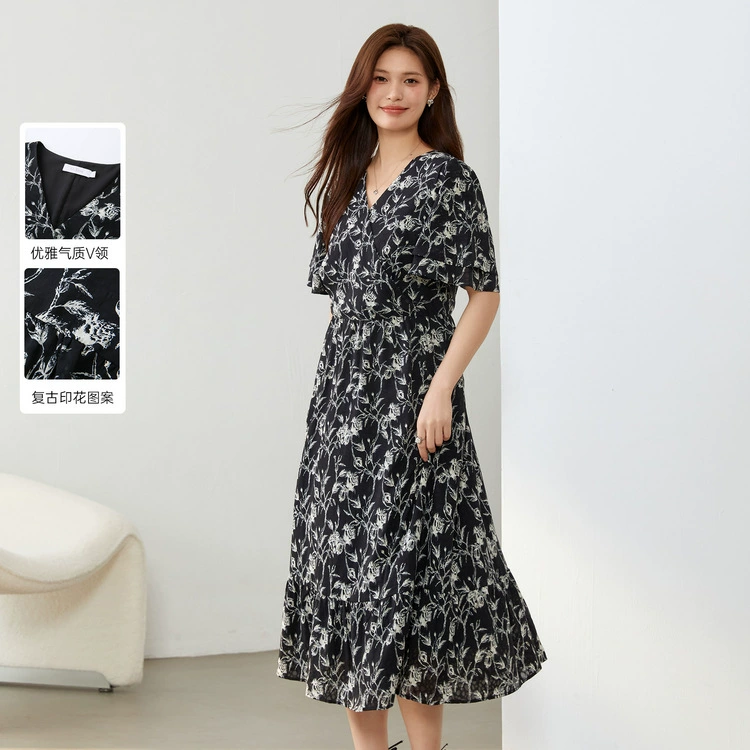 Сплошное шоу большой размер женской ретро литературной талии с тонким принтом V-образное платье жирное mm2024 летнее платье новый