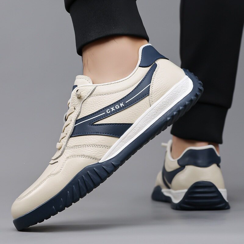 Giày thể thao nam da mềm đế mềm thoáng khí phối sọc, kiểu sneaker cổ thấp — màu trắng ngà, đen, Lớp đầu màu be 6002, Đen đầu lớp 6002