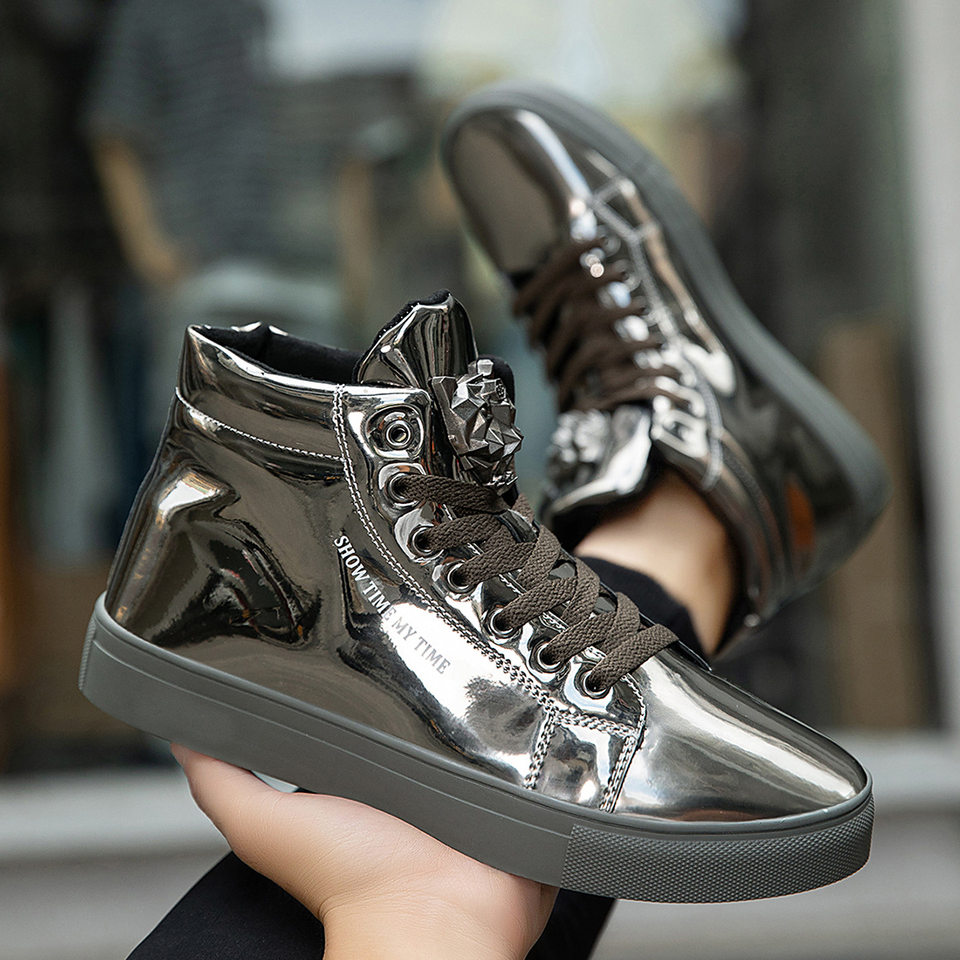 Giày sneaker nam cổ cao da bóng phong cách Hàn Quốc, giày thể thao thời trang cá tính — Bạc, màu xanh, màu đen, màu đỏ chi tiết 16