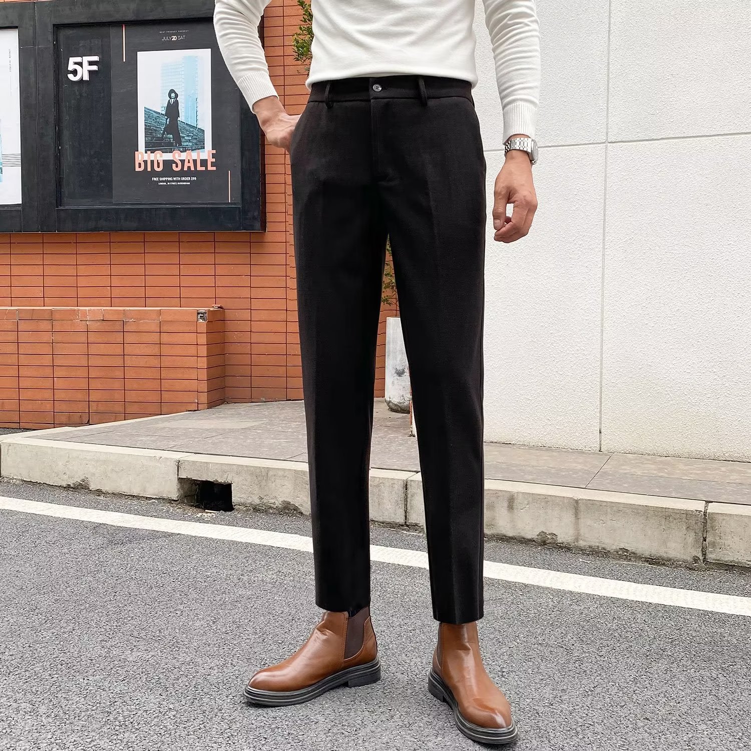 Pu Shuai Mei Británico grueso de la vendimia lana negro gris patrón espiga tela cruzada Tweed slim fit traje flaco los hombres Pantalones