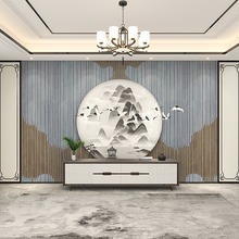 新中式禅意山水仙鹤线条壁画格栅电视背景墙壁纸雅致客厅沙发墙布