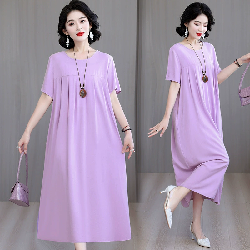 Новое летнее хлопково-шелковое платье для мамы ранней осени, большие размеры 100kg года, с короткими рукавами и цветочным принтом, закрывающее живот, для женщин среднего возраста.