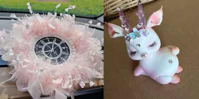Car ornaments Deer Car Ornament with a - crystal-bead-feather-cushion-pink-fawn