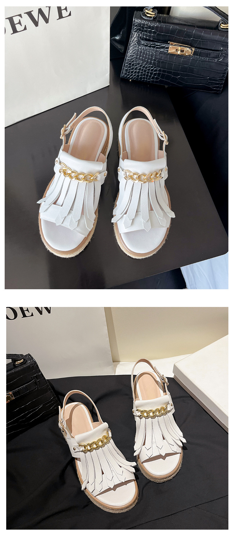 Sandal nữ đế thấp mũi hở quai tua rua đế cói phối dây xích kim loại — màu trắng, bạc chi tiết 18